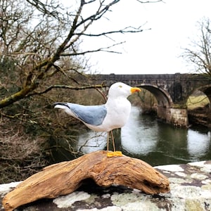 Hand sculpted clay Seagull standing on a large piece of driftwood from Devon.