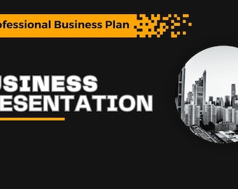 May include: A black and white image of a city skyline with skyscrapers, buildings, and streets. The image is in a circle shape and is on a black background. The text "Professional Business Plan" and "BUSINESS PRESENTATION" is in yellow and white text on the black background.