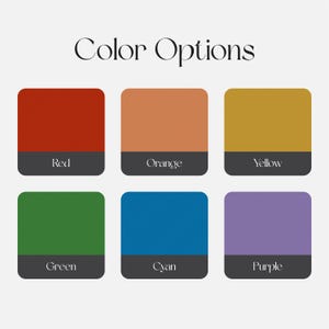 May include: Image displaying six color options: red, orange, yellow, green, cyan, and purple. Each color is presented in a square with a textured pattern and a dark gray base, with the color name below.