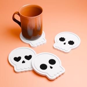 Halloween Skull Drink Coasters – 4 Unique Skull Faces, Gothic Theme Home Decor, Haunted House Party Gift, Set of 4