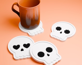 Halloween Skull Drink Coasters – 4 Unique Skull Faces, Gothic Theme Home Decor, Haunted House Party Gift, Set of 4