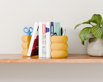 BUBBLE Bookends - Colorful Book Organizer with Pen and Tools Holder, Bookshelf Decor for Home