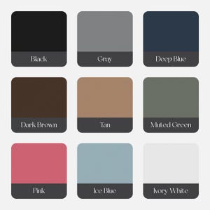 May include: Nine color swatches with text labels. Colors include black, gray, deep blue, dark brown, tan, muted green, pink, ice blue, and ivory white. Each swatch has a textured pattern.