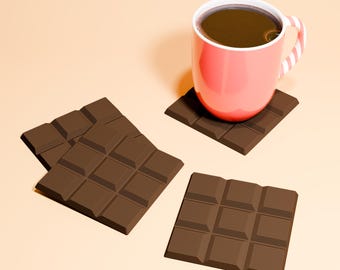 Dark Chocolate Bar Drink Coasters - Novelty Food Theme Kitchen Decor - Set of 4