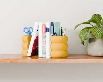 Sujetalibros BUBBLE - Organizador de libros colorido con portalápices, decoración para estanterías en el hogar y la oficina, juego de 2