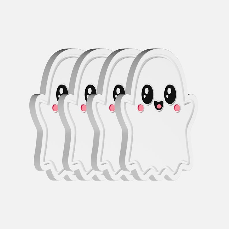 May include: Four white cartoon ghosts with black eyes, pink cheeks, and smiling mouths. The ghosts have a 3D effect, with a wavy bottom edge and a rounded top. The background is a solid light grey.