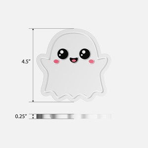 May include: A white ghost-shaped coaster with a cartoon face. The coaster is 11.4 cm tall and 0.6 cm thick. The ghost has large black eyes, pink cheeks, and a small black smile. The coaster has a wavy edge.