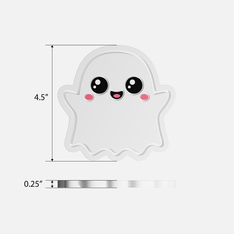 May include: A white ghost-shaped coaster with a cartoon face. The coaster is 11.4 cm tall and 0.6 cm thick. The ghost has large black eyes, pink cheeks, and a small black smile. The coaster has a wavy edge.