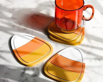 Candy Corn Drink Coasters (SET OF 4) - Halloween Theme Desk Decor for Candy Lovers