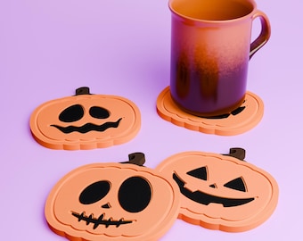 Halloween Pumpkin Face Drink Coasters – Carved Jack-O-Lantern, Spooky Season Gift, Set of 4