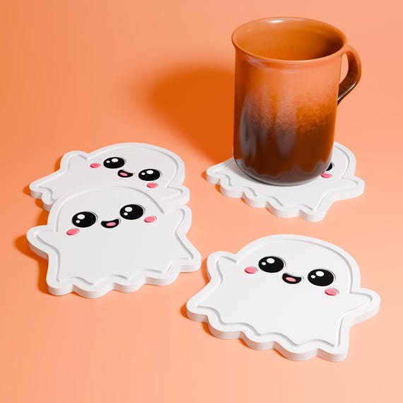 Cute Ghost Coasters - Kawaii Drinkware Halloween Theme Home Decor, Spooky Season Gift, Set of 4