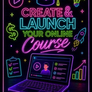 Puede incluir: Un póster gráfico estilo neón con una computadora portátil que muestra un video, rodeado de iconos de birrete, bombilla, cohete, signo de dólar y lista de verificación. El texto dice: PASSIVE INCOME, CREATE & LAUNCH YOUR ONLINE COURSE, TO EARN PASSIVE INCOME, THE COMPLETE GUIDE.