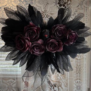 Gothic Crow Wreath with Black Feathers & Blood Red Roses-Halloween or Year-Round Dark Decor