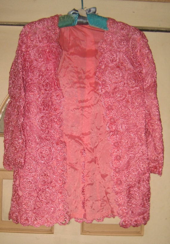 Fun Fab BoHo Pink Italian Raffia Crochet Jacket Gem
