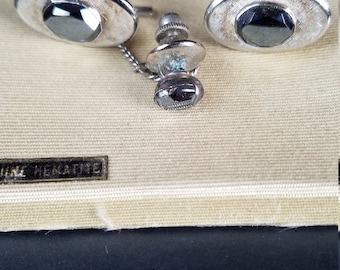Fab Vintage Retro Mid Century Modern hematite cufflinks tie tack