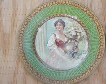 Vintage Antique 1900's Lithograph Tin Plates Vienna Art Victorian Ladies Edwardian Shabby Chic Collectibles Cottagecore Home Decor Gift