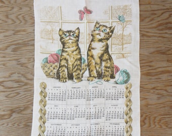 Vintage Cat Kitten Print Linen Tea Towel Calendar Wall Hanging Wall Decor Irish Linen Cottagecore Farmhouse Retro Crazy Cat Lady Gift