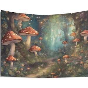 Enchanted Mushroom Forest Indoor Wall Tapestry Wall Art wall hanging Fairycore Cottagecore Home Decor Gift