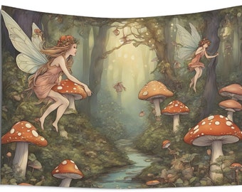 Fairies in the Enchanted Mushroom Forest Indoor Wall Tapestry Wall Art Wall Hanging Home Decor Fairycore Cottagecore Gift