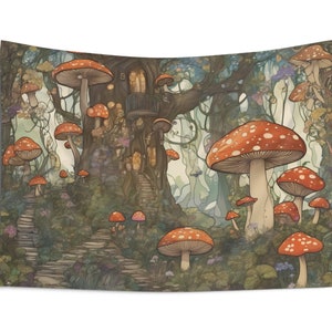 Enchanted Mushroom Forest House Indoor Wall Tapestry Wall Art Wall Hanging Home Decor Gift Cottagecore