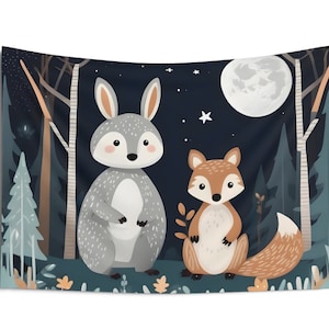 Woodland Animals in the Moonlight Indoor Wall Tapestry Wall Art Wall Hanging Fantasy Cottagecore Home Decor Gift