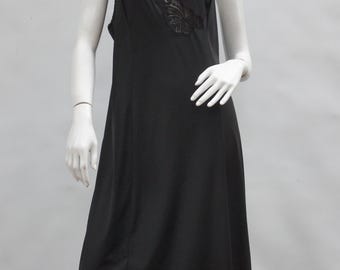 Vintage Black Lace Trim Nylon Slip Dress Negligee Nightie Lingerie Boho Goth