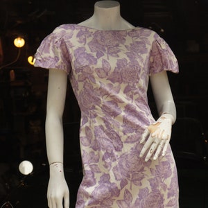 Vintage 50s Purple Floral Rose Print Dress Retro Mid Century Wiggle Dress Midi Dress image 1