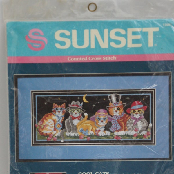 Vintage 90s Sunset Counted Cross Stitch Kit "Cool Cats" Dead Stock Unopened Craft Embroidery Crazy Catlady Wall hanging Home Decor Gift