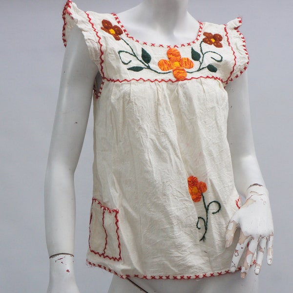 Vintage 70s Mexican Embroidered Tunic Blouse Ethnic Peasant Boho Hippie Cottagecore