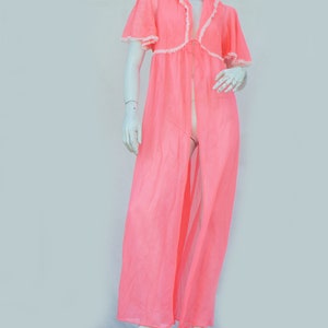 Vintage 60s Long Pink Lace Trim Robe Peignoir Lingerie Retro Mid Century image 1