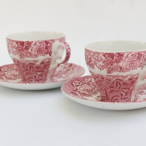 Vintage Woodsware Red Transferware Tea Cups Toile Farmhouse Cottagecore English Country Gift
