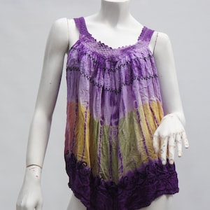 Vintage Embroidered Indian Tie Dye Crinkle Rayon Tank Top Tunic Boho Hippie Festival