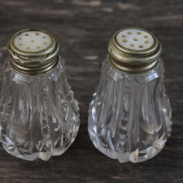 Vintage Antique Cut Glass Crystal Sat & Pepper Shakers With Mother Of Pearl Tops Victorian Wedding French Country Home Decor Gift