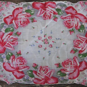 Vintage 40s-50s floral Rose Print Handkerchief Hankie Mid Century Shabby Chic Retro Cottagecore Collectible Wedding Gift