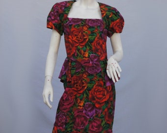 Vintage 80er 40er Jahre Stil Blumen Print Schößchen Kleid Rückenfrei By Bugardi Cocktail Kleid Retro