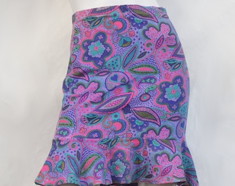 Vintage 90s L.A. Wear Purple Paisley Print Knit Mini Skirt Ruffle Skirt High Fashion Beach Hippie Boho Bohemian Chic