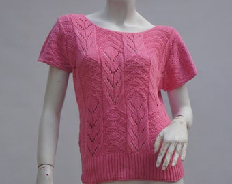 Vintage 80s Pink Short Sleeve Knit Pink Lace Sweater Cottagecore Retro Cross Country Knit