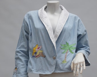 Vintage 80s Emroidered Mexican Southwestern Cropped Chambray Jacket