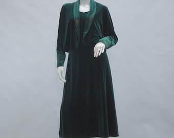 Vintage 90s Emerald Green Knit Velour Velvet Maxi Dress With Jacket By Coldwater Creek