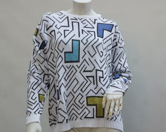 Vintage 80s Graphic Print Sweater Abstract Retro New Wave