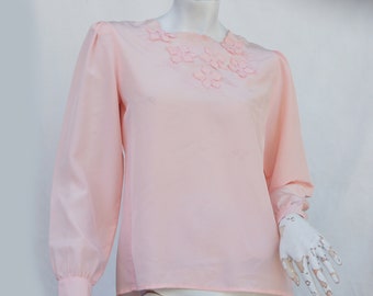 Vintage 80s Flower Applique Pink Puff Sleeve Blouse Retro Cottagecore Prairie Victorian Romantic