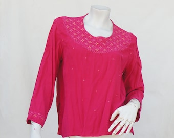 Vintage bestickte Indisch Rosa Viskose Top Tunika Bluse Boho Cottagecore Hippie