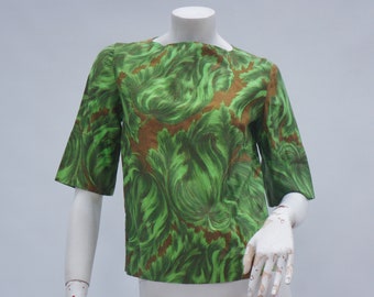 Vintage 50s Green Abstract Print Button Down Back Top Blouse Fitted Shirt Mid Century Modern