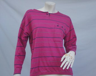 Vintage 90s Hot Pink Striped Henley Shirt Slouchy Long Sleeve T-shirt