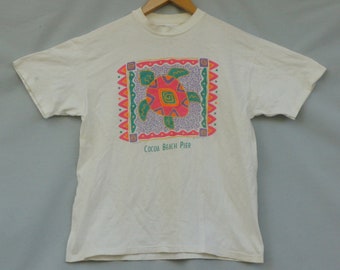 Vintage 90s Neon Print Turtle Cocoa Beach Pier T-shirt Graphic Tee Beach Surf Hippie