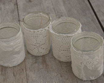 Handmade Lace Covered Jars Candleholders Wedding Shabby Chic Bohemian Chic Cottagecore Farmhouse Decor Gift Home Decor