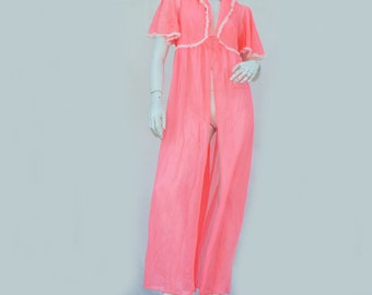 Vintage 60s Long Pink Lace Trim Robe Peignoir Lingerie Slip Retro Mid Century Cottagecore Grannycore