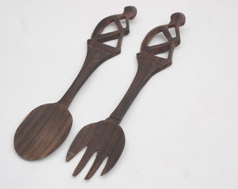 Vintage African Hand Carved Wooden Spoon And Fork Salad Utensils Ethnic Boho Mid Century Modern Gift