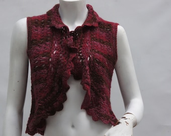 Vintage Handmade Crocheted Open Lace Knit Sweater Vest Bolero Boho Grannycore Cottagecore