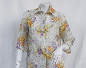 Vintage 70s Floral Sheer Blouse Button Down Shirt Top By Lady Manhattan Cottagecore Retro